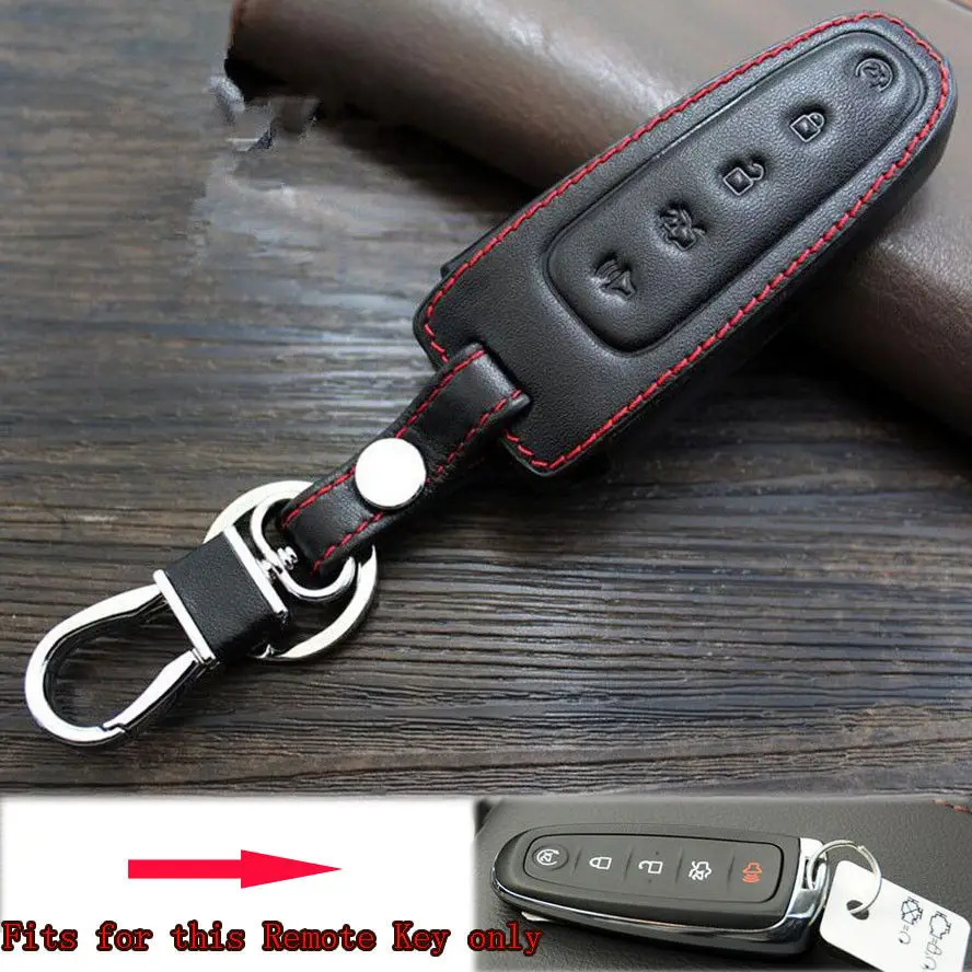 

BBQ@FUKA 5 Buttons Leather Remote Key Fob Holder Chain Cover Case Keyfob Fit For Ford Edge Explorer Fusion