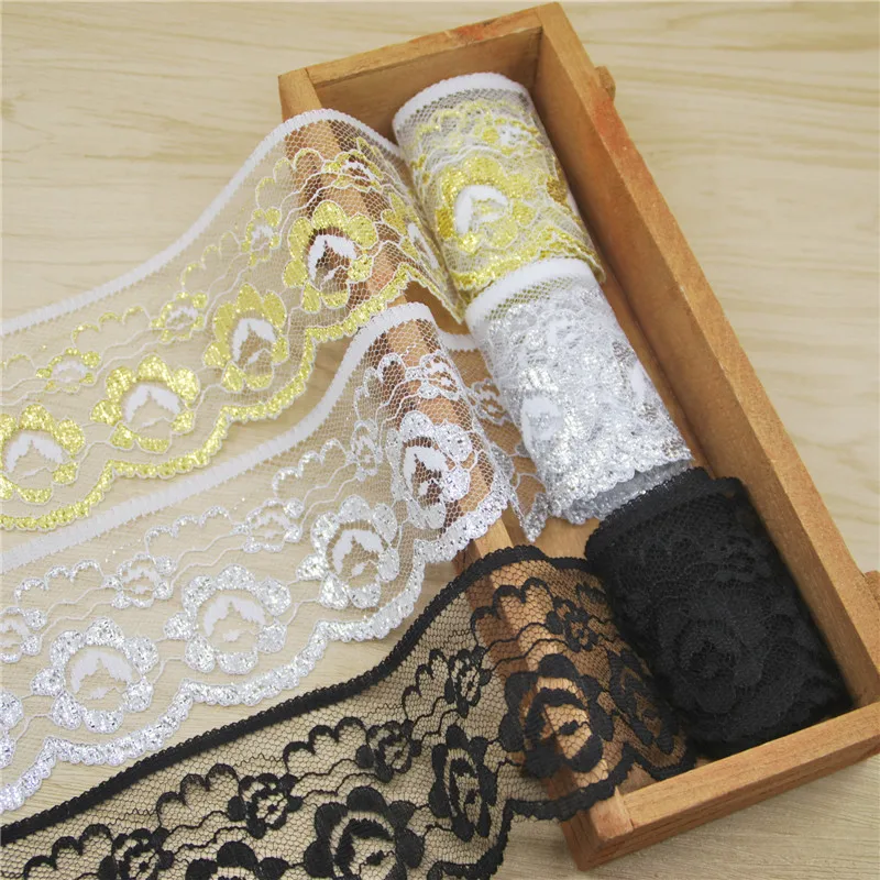 

60mm Polyester Lace Trim Fabric Sewing Accessories Cloth Wedding Decoration Ribbon Craft Supplies Silver Gold Black 50yard L960