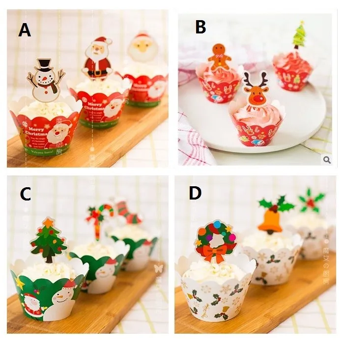 

24pc/set 4 Design Christmas Paper Cupcake Wrappers and Toppers for Kids Birthday Party Decoration Cakecup Picks Toppers