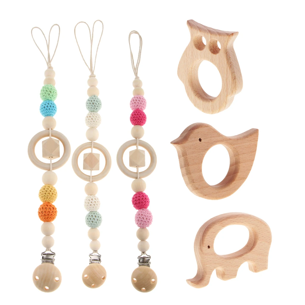 

3 Pairs Baby DIY Wood Pacifier Holder Clip Chain Nipple Teether Dummy Strap