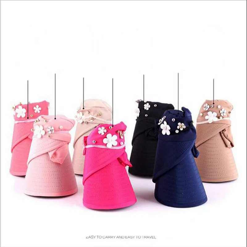 Fashion Women Hat Casual Summer Sun Hats Pearl Design Sun Hats With Big Brim Female Beach Solid Colors Sun Hats