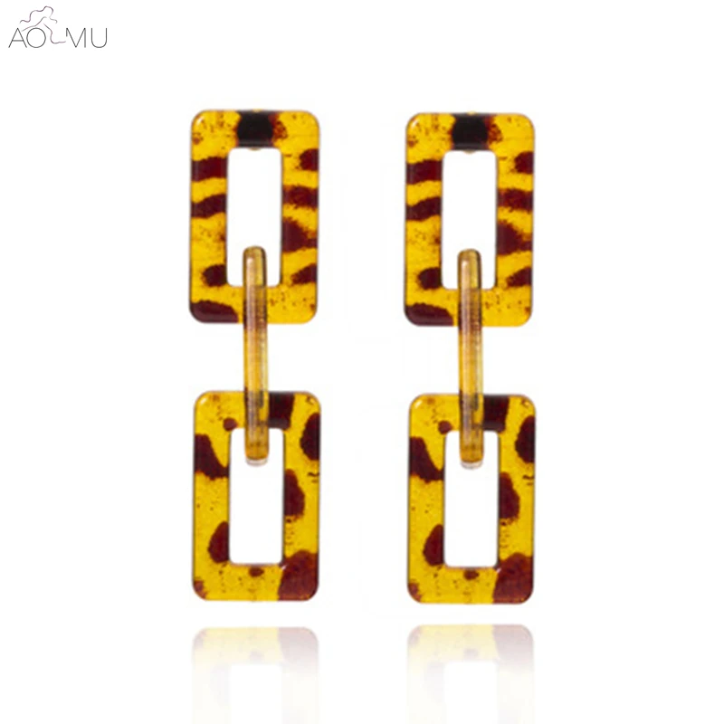 

AOMU Simple Fashion Leopard Pattern Acrylic Geometric Oval Square Chain Long Drop Earrings for Women Girl Party Gift Jewelry