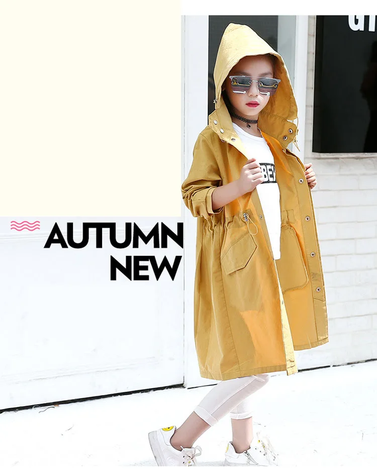 2 colors hooded long jackets for girls outerwear & coats clothing children long sleeve pockets kids trench coat autumn 2017 tops 4 5 6 7 8 9 10 11 12 13 14 15 16 Years old little big girls pink khaki long hooded coats clothes (16)