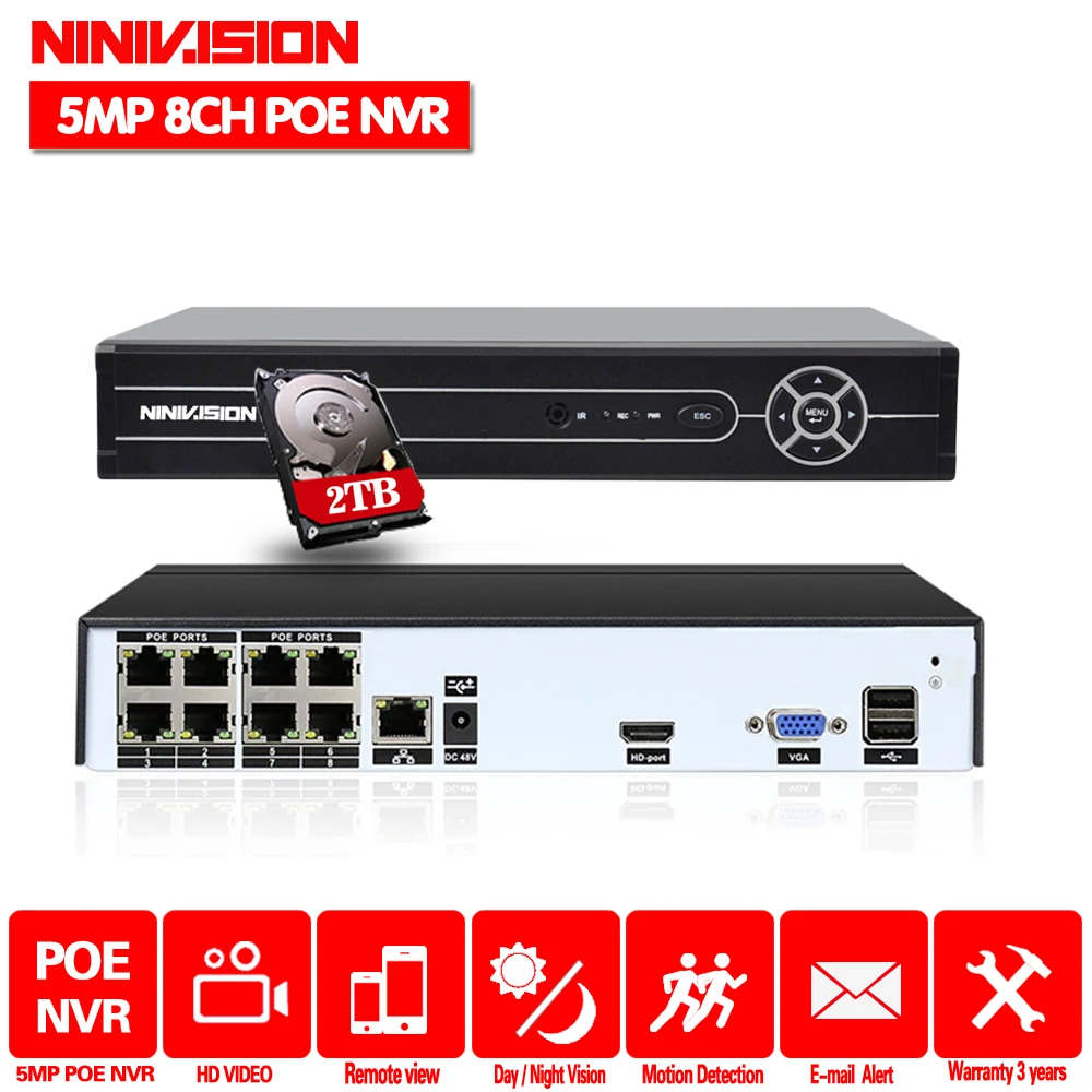 H.265 H.264 8CH 48 В CCTV POE NVR IP Камера видеонаблюдения Системы P2P ONVIF 4*5 Мп/8*5 Мп сетевой HD