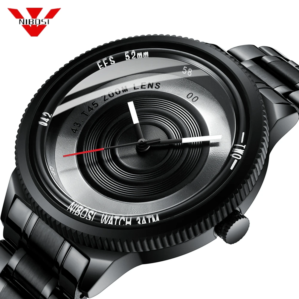 

NIBOSI Fashion unique design Black Watch Men Quartz Watch Waterproof Big Dial Sport Watches Men Watch Top Luxury Brand Clock