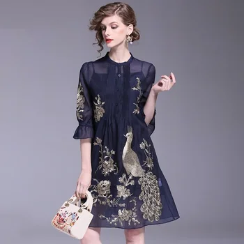 

Top Quality Brand Chinese Style Dress Women Luxurious Phonix Embroidery Flare Sleeve Vintage Dark Blue Pink Dress Plus Size XXL
