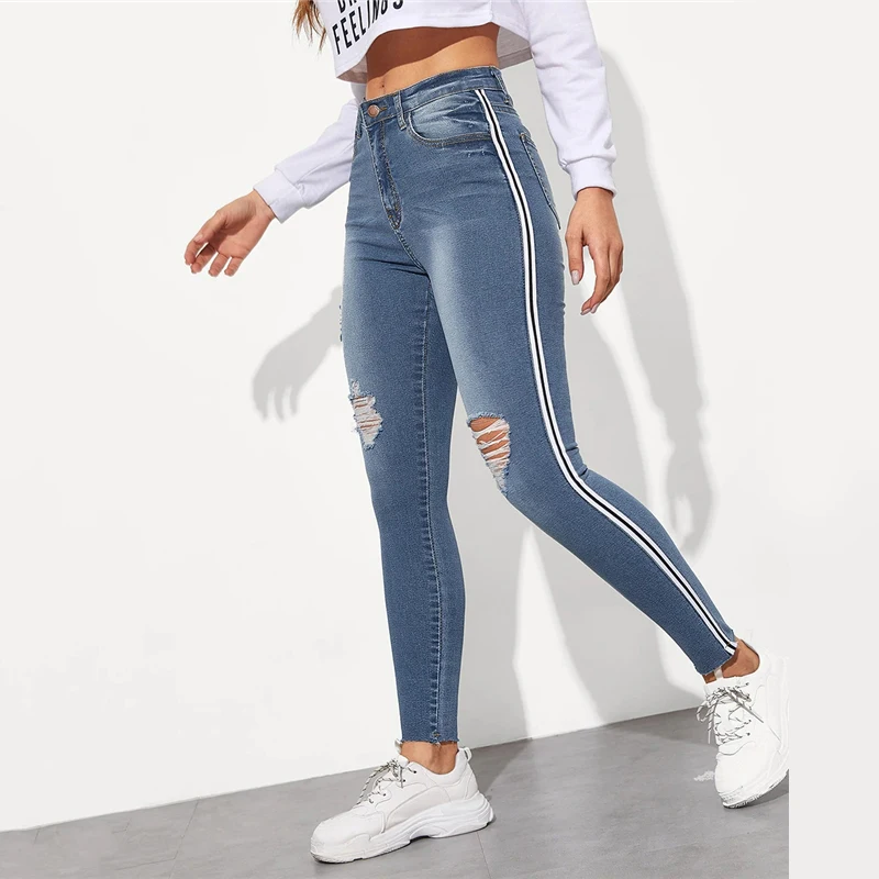 Dotfashion/женские обтягивающие джинсы в синюю полоску с боковыми рваными краями, летние повседневные узкие брюки, модные джинсовые брюки с пуговицами