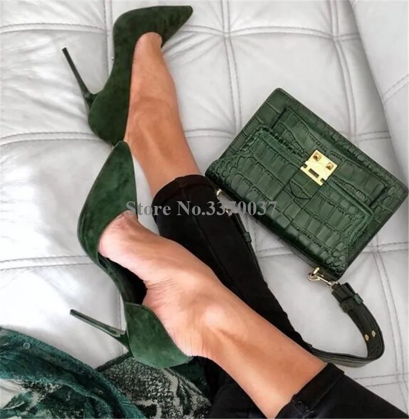 Women Classical Style Pointed Toe Dark Green Suede Leather Stiletto Heel Pumps Slip-on High Heels Formal Dress Shoes Wedding