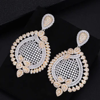 

60MM Trendy Waterdrop Drop Shape Hollow Full Cubic Zirconia Dangle Earings Women Wedding Bridal Jewelry