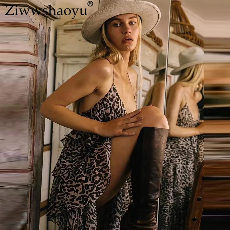 

Ziwwshaoyu Sexy backless Long dresses V-Neck Leopard Print Elegant Party dress Spring and summer new women's