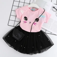 Повседневные платья для девочек; Новая летняя детская одежда; модное милое бальное платье с рисунком для девочек; платье принцессы с круглым вырезом и принтом кота