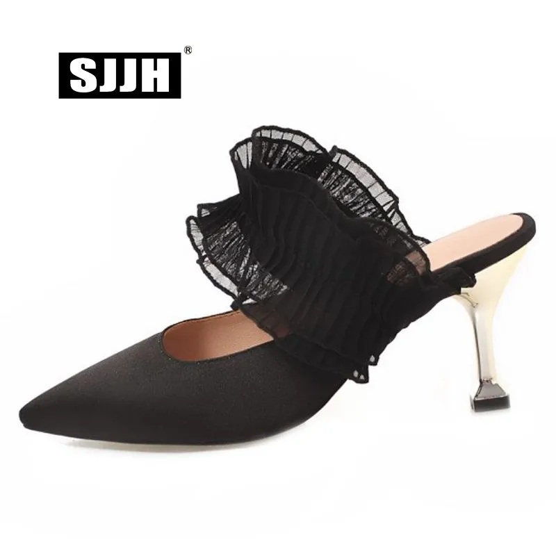 

SJJH Woman Silk Stiletto Sandals with Pointed Toe and Open Heel Mules Shoes Casual Elegant Fashion Footwear Large Size A581