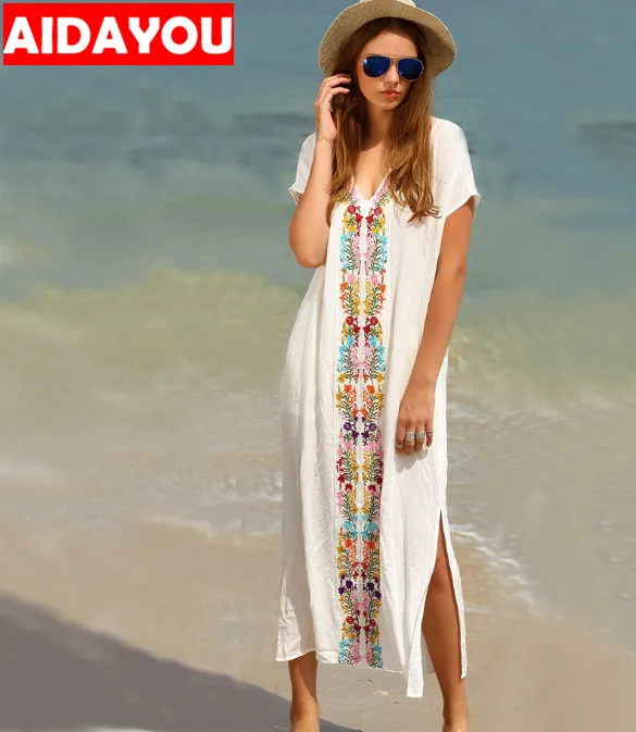

Summer Beach Long Dresses For Women Boho White Embroidery V Neck Short Sleeve Placement Print Split Side Maxi Dress ouc801