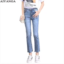 AIYANGA, эластичные джинсы для женщин, новинка, летние, с высокой талией, винтажные, тонкие, прямые, по щиколотку, хлопковые джинсовые брюки женские