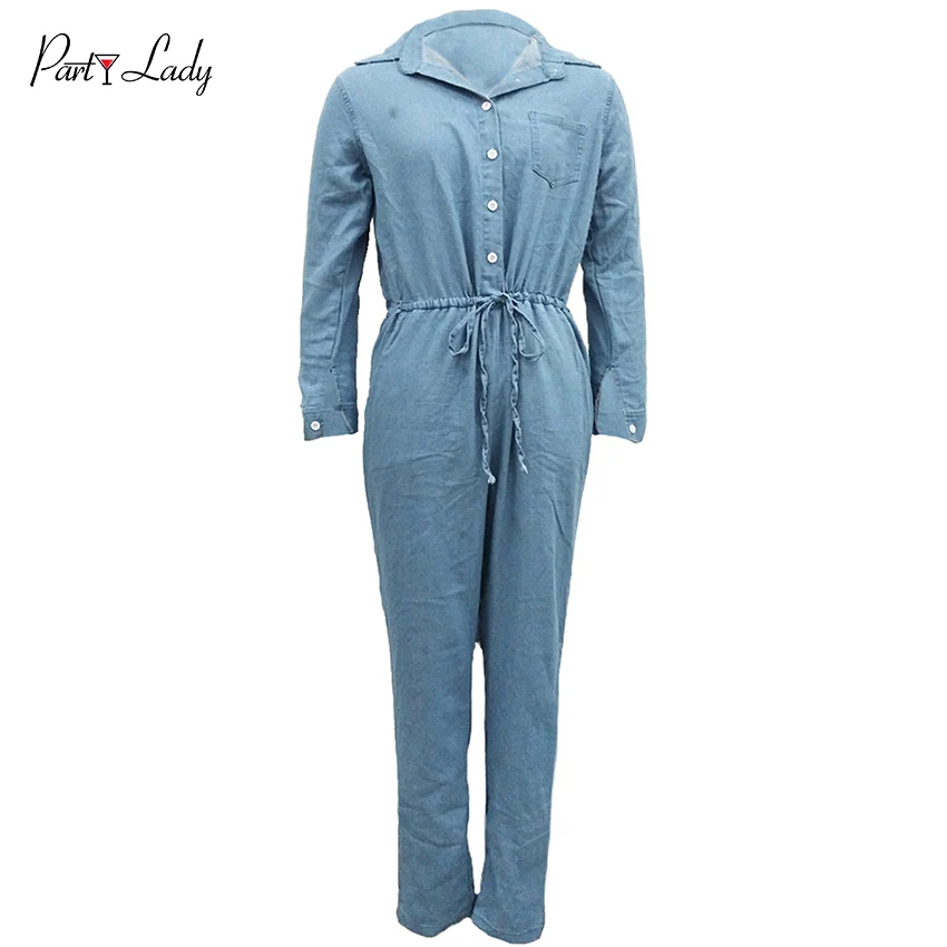Party Lady 2018 Party Club Jumpsuits For Women Autumn Winter Blue Color Deep V-neck  Rompers Sexy Solid Button Girls Jumpsuit -C