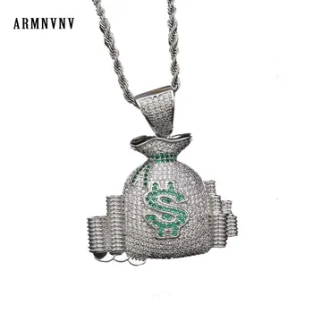 

ARMNVNV + Zircon Bling Ice Out US Dollar Wallet Purse Money Bag Pendant Necklaces Copper Men's Hip Hop Rapper Jewelry