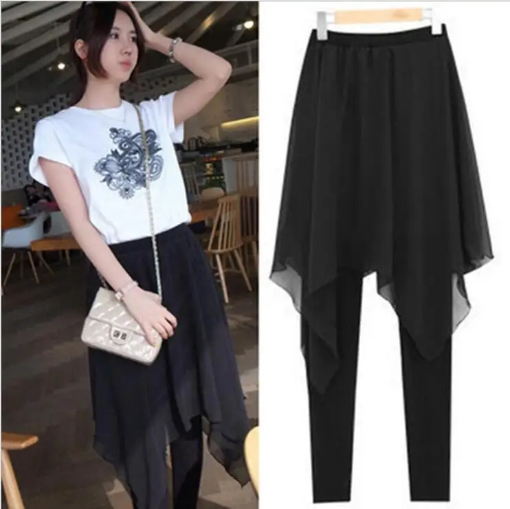 2017 Autumn New Korean Women's Skirt Pants Skinny Legging with Chiffon