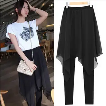 

2017 Autumn New Korean Women's Skirt Pants Skinny Legging with Chiffon Skirt Mini Leggings False Two Pieces Plus Size M~4XL LG12