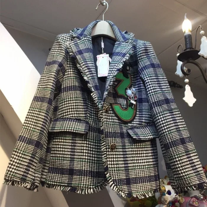Бренд цифровой патч алмаз жакет в гусиную лапку Chaquetas Mujer Primavera подиумная Осенняя Женская куртка с длинными рукавами и кисточками - Цвет: green