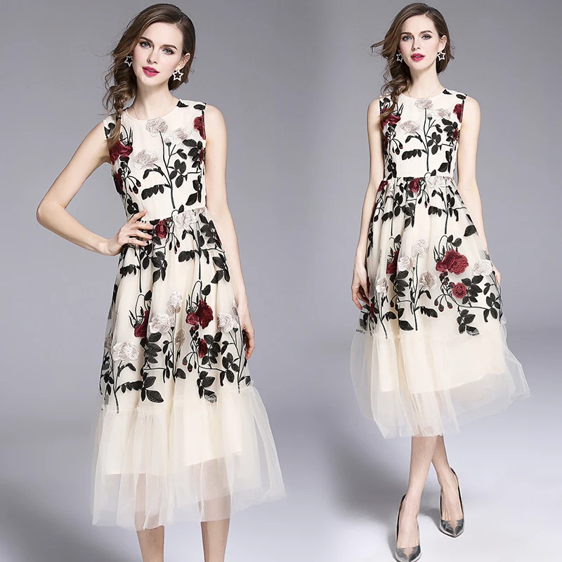 

S-2XL 2019 Summer High-end Princess Dress Women's Fashion Sleeveless Embroidered Dress Expansion A - line Dress