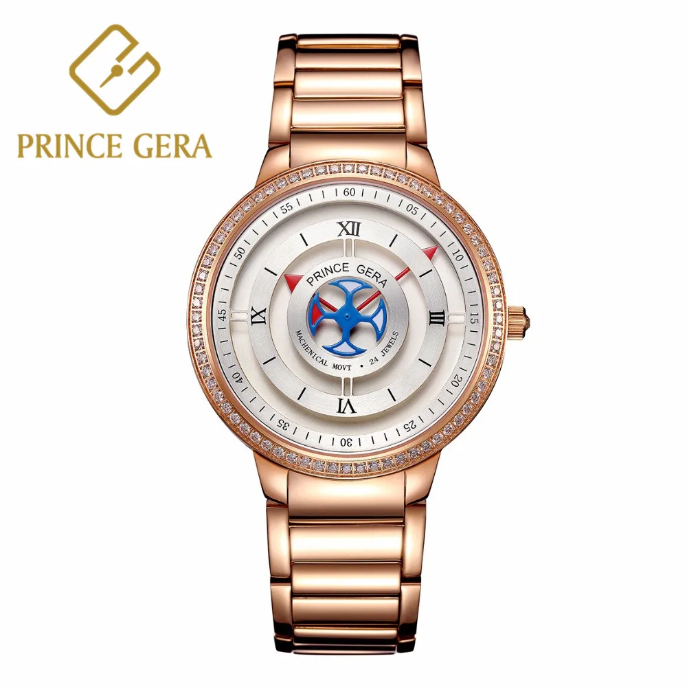 Роскошные автоматические механические часы PRINCE GERA для мужчин с алмазным декором