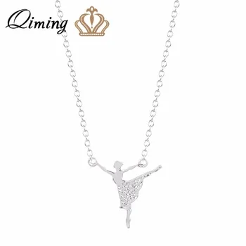 QIMING Minimalist Jewelry Gold Unique Ballerina Girls Charm Necklace for Women Ballet Dance Girl Pendant Necklace Collier