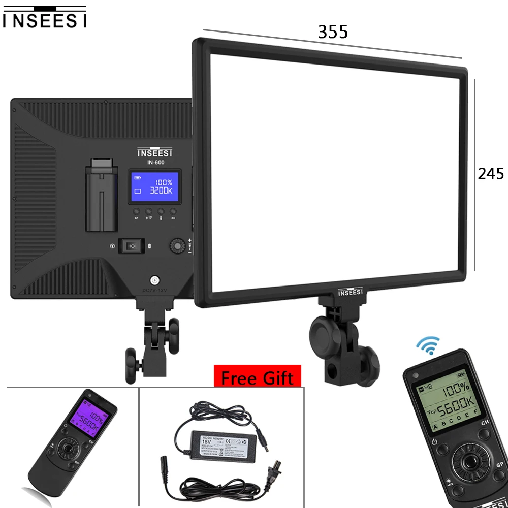 

INSEESI Wireless Remote LED Video Light IN-600 Bi-color Dimmable Studio Video Light For Camcorders Camera YouTube Live+Adapter