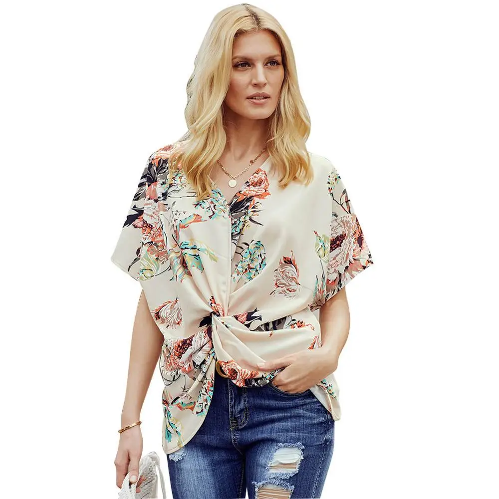 

2019 Fashion Concise Bohemia Style Women's Floral Printed V Neck Ruched Twist Tops Short Sleeve Loose Casual Vacation Shirts