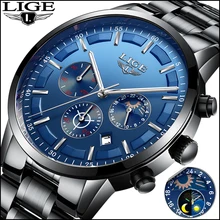 Mens Watches Moon Phase 2018 LIGE Chronograph Top Brand Luxury Fashion Mens Steel Military Waterproof Sport Quartz Watch relogio