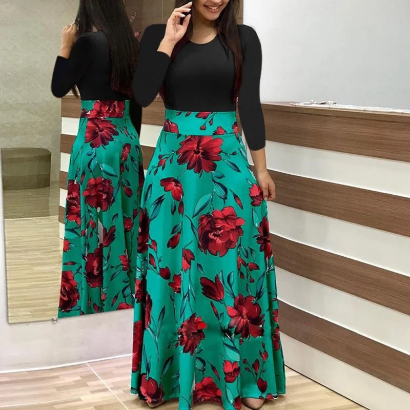 

Summer Autumn Ladies Sexy Party Dress Slim Flower Printed Long-Sleeved Plus Size Long Dress