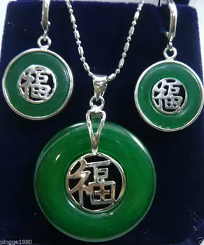 

new Style Hot sale**** beautiful silver plate jade FU pendant necklace Earrings set Fashion Wedding Party Jewellery