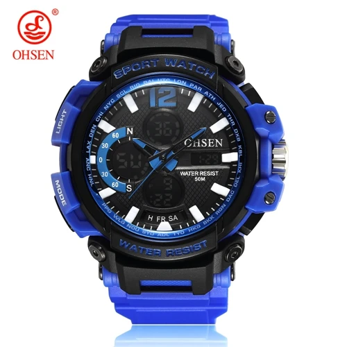 OHSEN, модные кварцевые цифровые часы для мужчин, lcd, день, дата, секундомер, для плавания, военные, спортивные часы, для мужчин, резиновый ремешок, наручные часы, мужские Relogios - Цвет: Blue