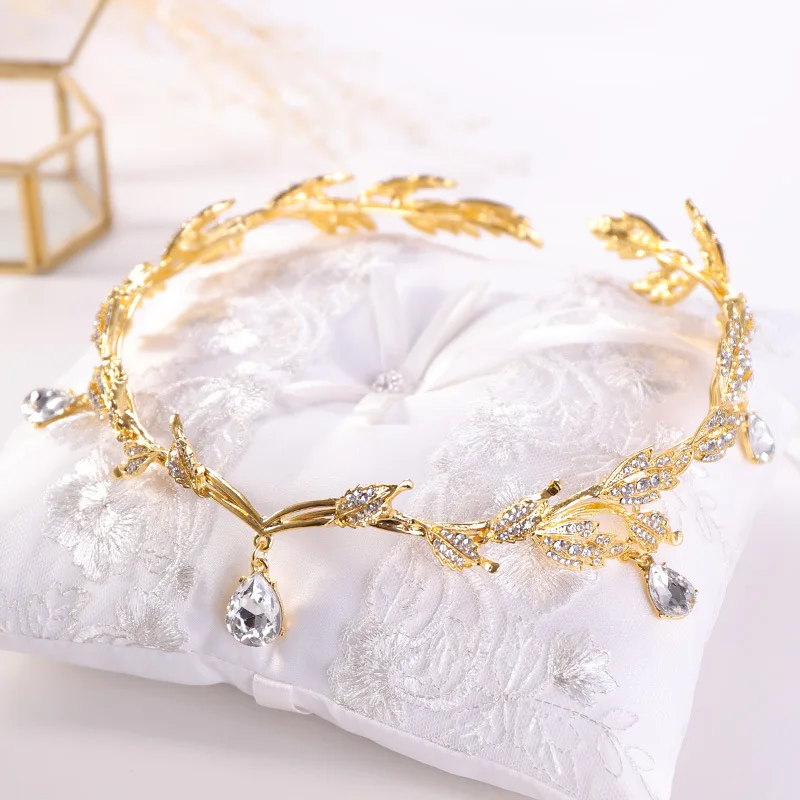 Розовое золото Кристалл Корона свадебный аксессуар для волос Стразы капля лист тиара Корона оголовье спереди невесты украшения для волос