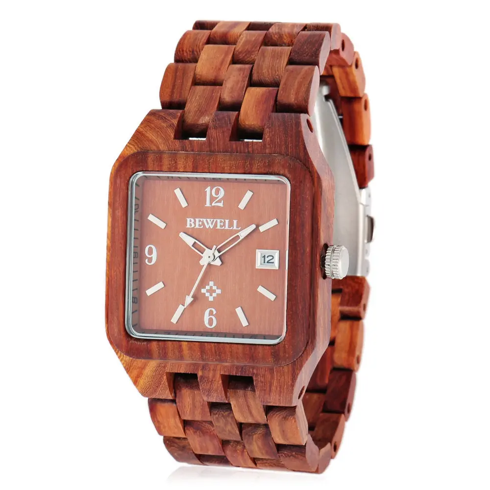 BEWELL модные деревянные Мужские кварцевые часы с японским движением мужские светящиеся указатели наручные часы - Цвет: BROWN