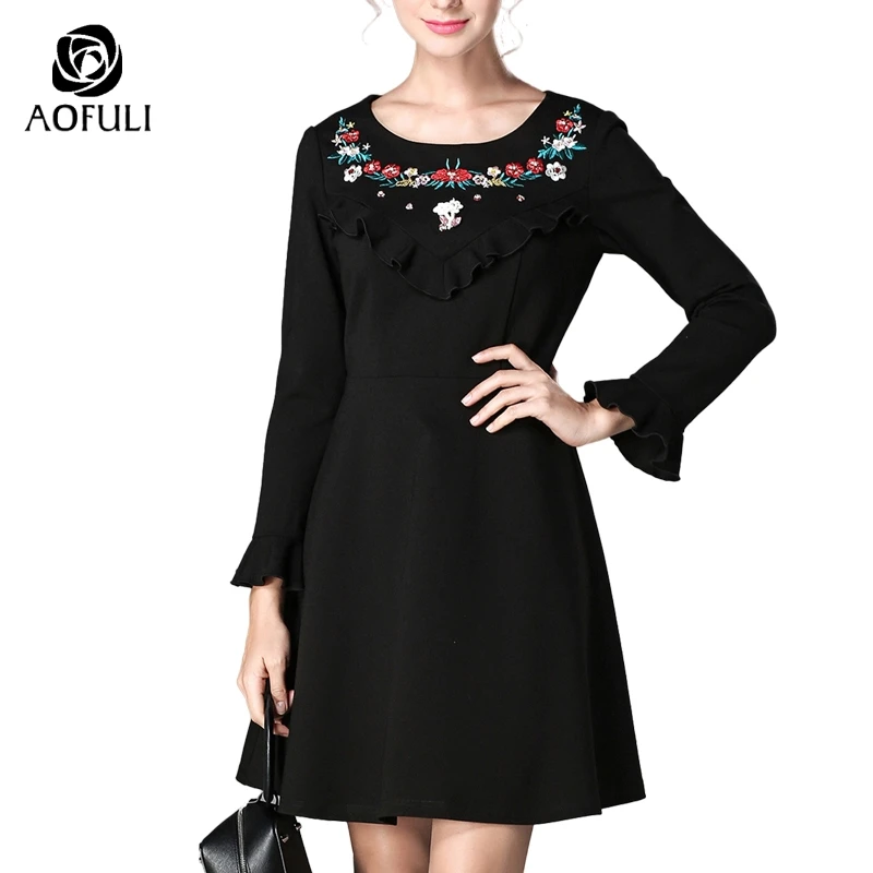 S - 4xl 5xl High Street Sicily Floral Embroidered Dress Diamond Ruffles 2017 Big Size Flare Sleeve Black Casual Dress Women 5955