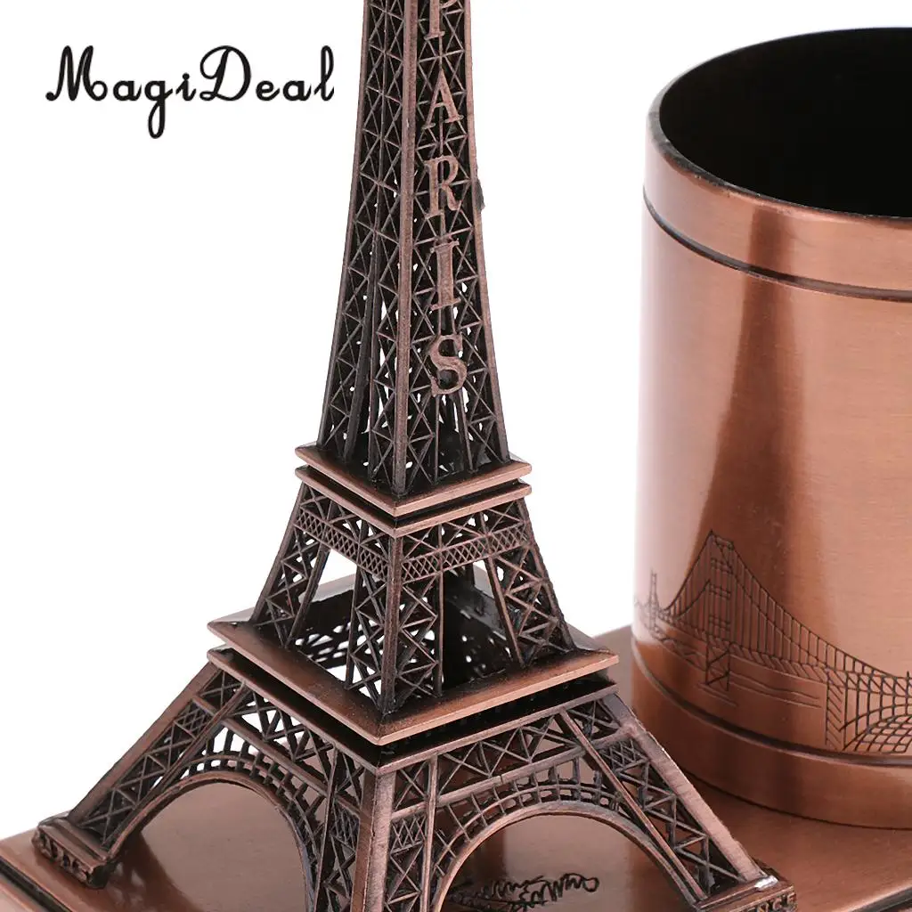 Desktop Organizer Pencil Pen Case Holder Retro Figurines Eiffel Tower Model Metal Crafts Home Decor Miniature Student Gift