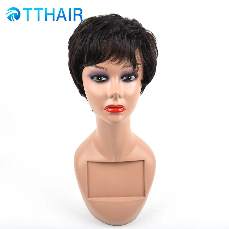 

TTHAIR Short Human Hair Wigs For Women Natural Wave 4" Natural Color 100% Non Remy Human Hair Machine Made Rose Net Wigs
