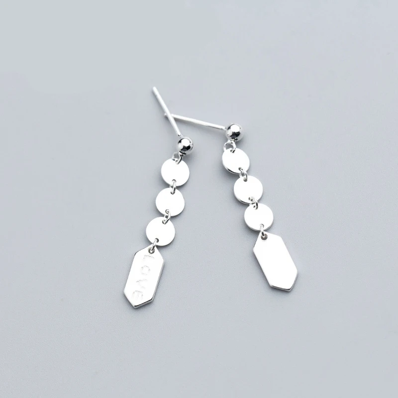 

MloveAcc Solid 100% 925 Sterling Silver Korea Style Coin Tags Drop Earrings with LOVE Words For Women Fashion Silver Bijoux