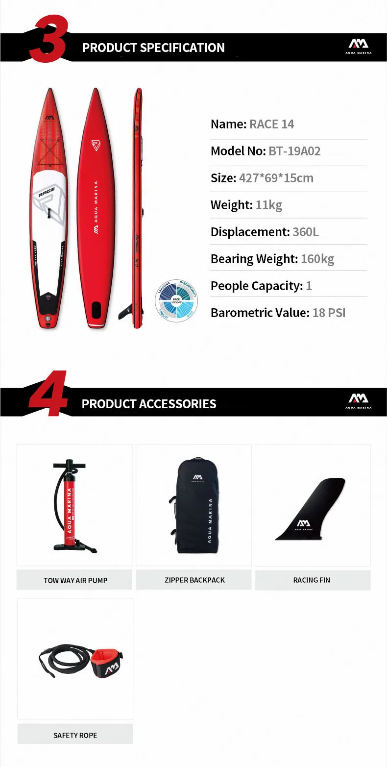 AQUA MARINA RACE Surf Board Sup Board Paddleboard Stand Up SUP Paddle Boards Surfingboard Bodyboad 427*69*15cm 24 Race-14'0''-่ฏฆๆ
-4