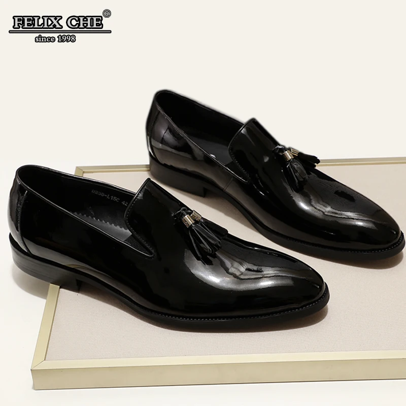 

FELIX CHU 2019 Luxury Patent Leather Men Shoes Tassel Loafer Flat Black Slip on Mens Dress Wedding Party Formal Shoes Size 39-46