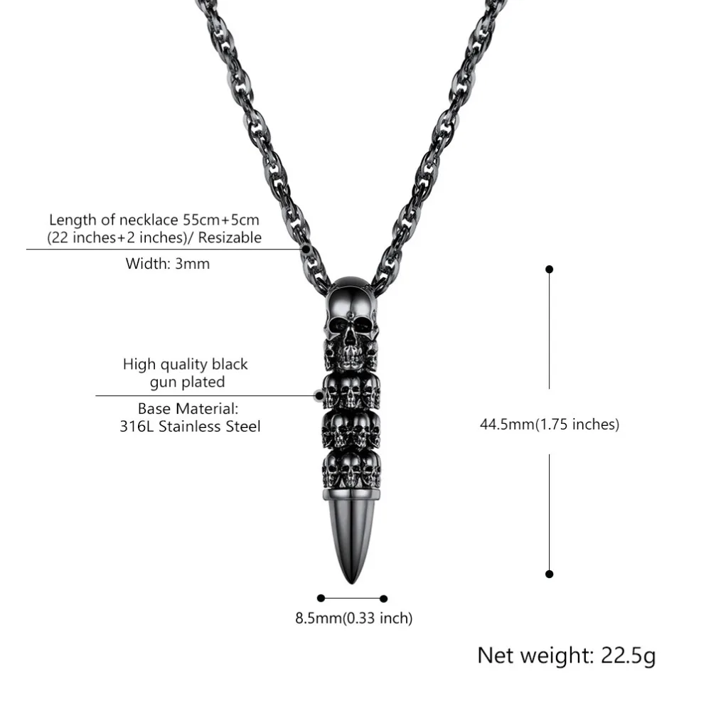 U7 Bullet Skull Necklace for Men Punk Rock Biker Stainless Steel Jewelry Choker Accessories with 55cm Water-wave Chain P1121