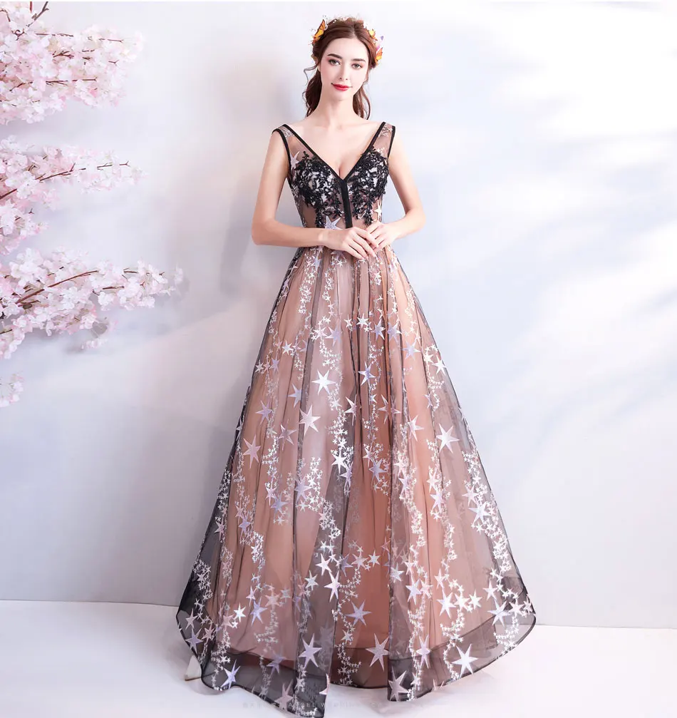Stars Decoration V-neck evening dresses embroidery Illusion long Prom gown Junior girls birthday party dress vestido de festa Stars Decoration V-neck evening dresses embroidery Illusion long Prom gown Junior girls birthday party dress vestido de festa