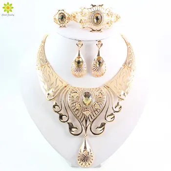 

Women Charming Gold Color African Costume Jewelry Sets Nigerian Dubai Wedding Hollow Patterns Jewelry Set