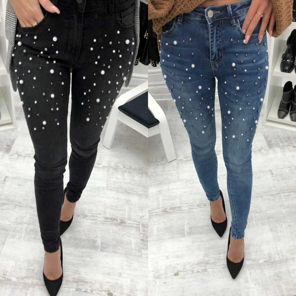 

Fashion Women Denim Skinny Ripped Pants High Waist Stretch Jeans Long Pencil Trousers
