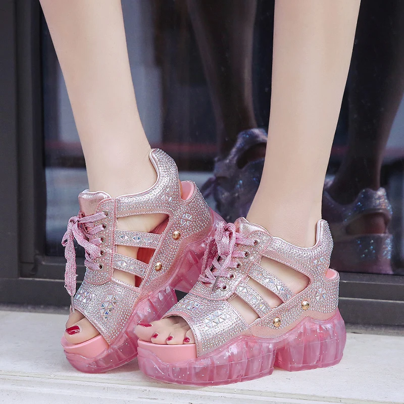 

Lucyever Sexy Women Clear Heels Rhinestone Crystal Sandals Ladies Summer Fashion Thick Platform Height Increasing Shoes Woman