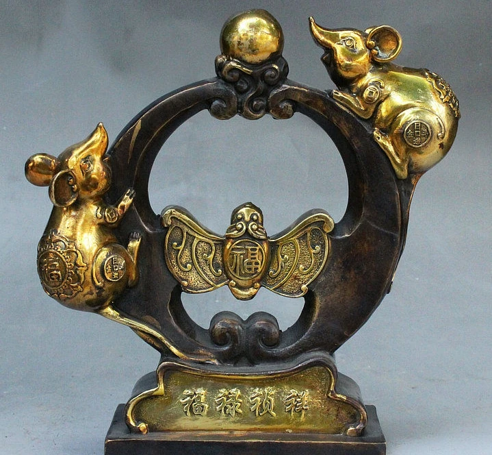 

9" Old China FengShui Bronze Gilt Auspicious Wealth Mouse Pearl Bat Statue