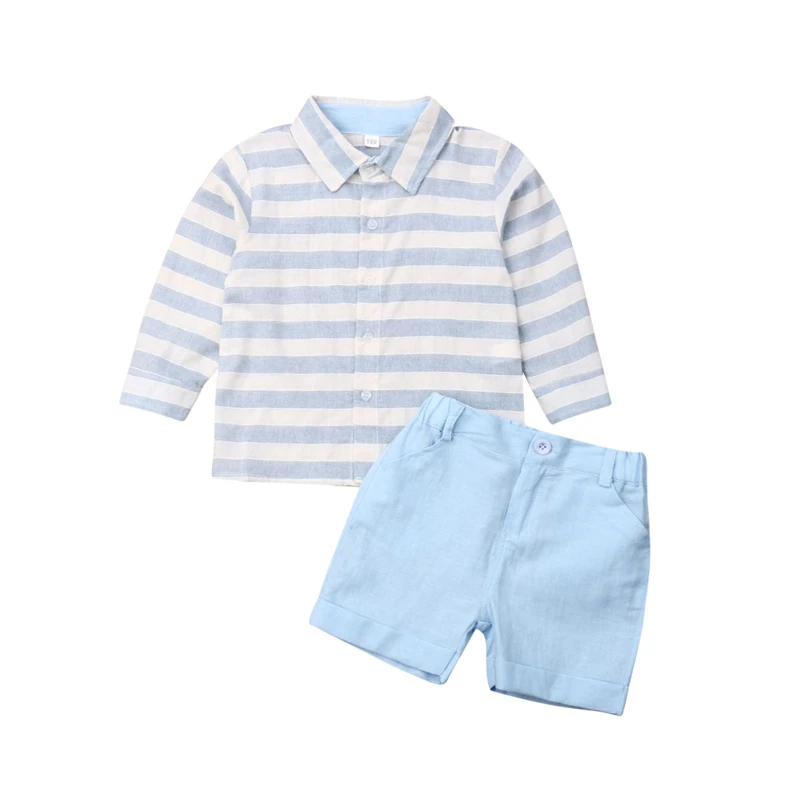 2019 Toddler Child Kids Baby Boy Clothes Set Blue Striped Gentleman Short Sleeve Summer Shirt Shorts Wedding Party Suit 2PCs |
