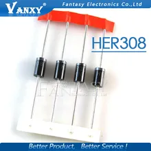 100 шт. HER308 3A 1000 в быстрое восстановление диодов