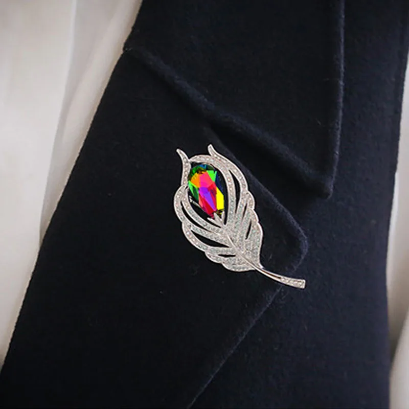 PINKSEE Feather Shaped Brooch Rhinestone Crystal Costume Jewelry