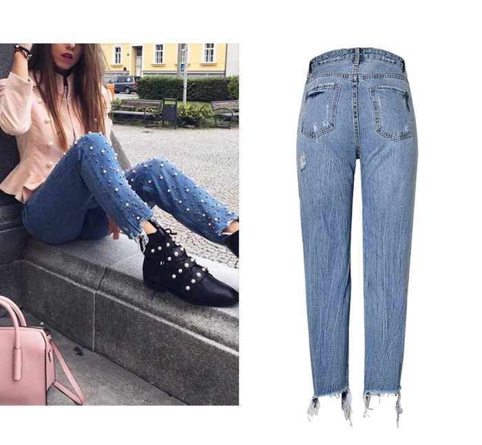 2017 fashion European and American women's high waist Slim straight pearl 3-color studs irregular feet tassel washed cowboy trousers (7)